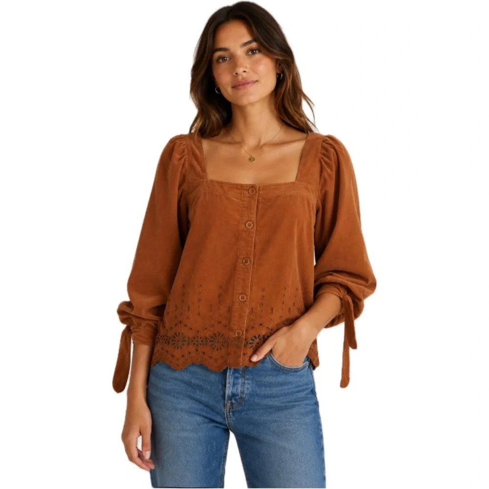 Madewell, Eyelet Embroidered Fine-Wale Corduroy Top, Size Medium NWT
